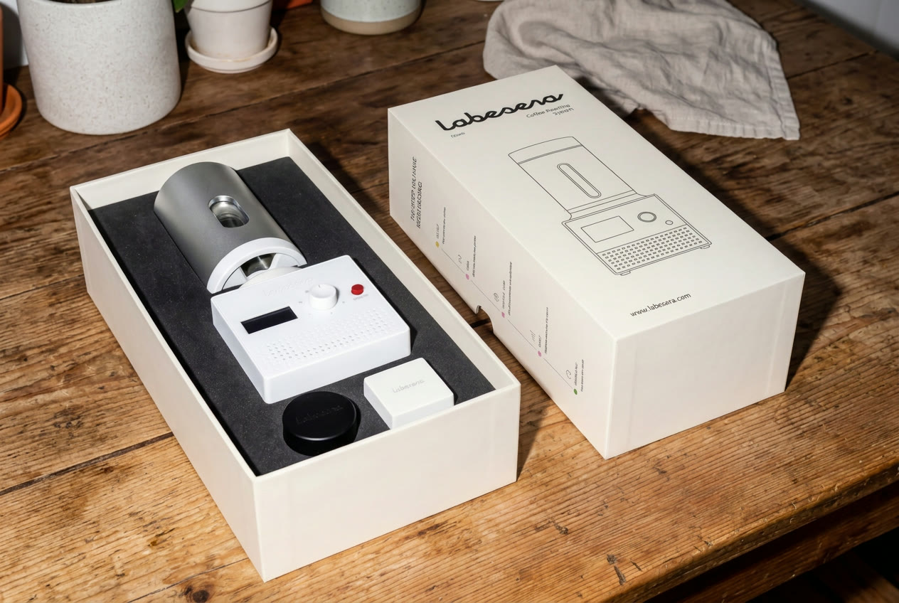 White home coffee roaster and accessories in an open presentation box on a wooden table