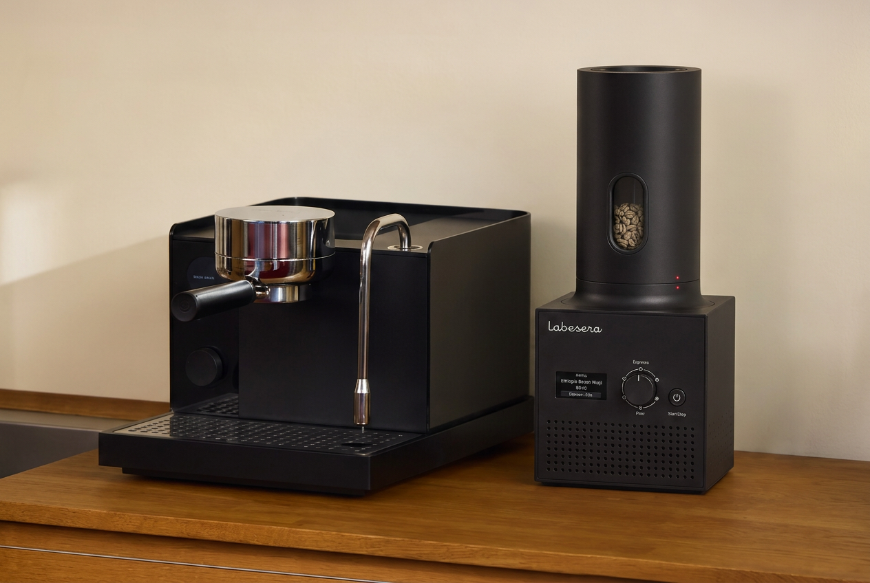 Labesera home coffee roaster standing on a wooden counter next to an espresso machine
